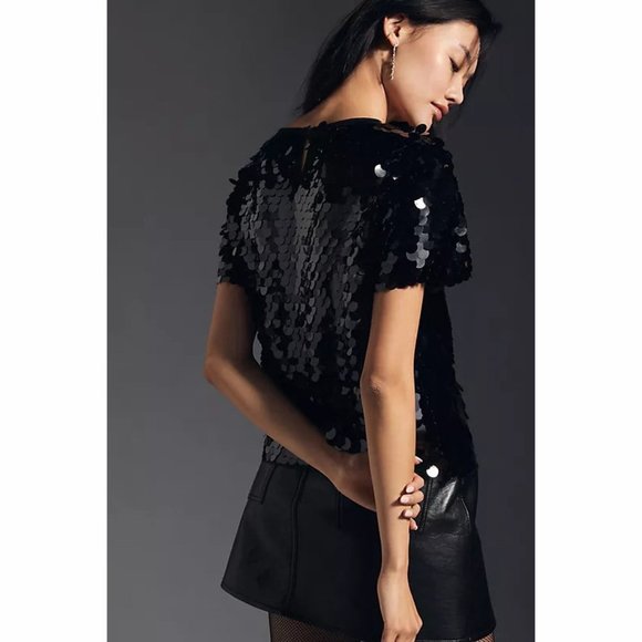 Anthropologie Eva Franco Black Sequin  Short Sleeve Top with Paillettes - Picture 4 of 9